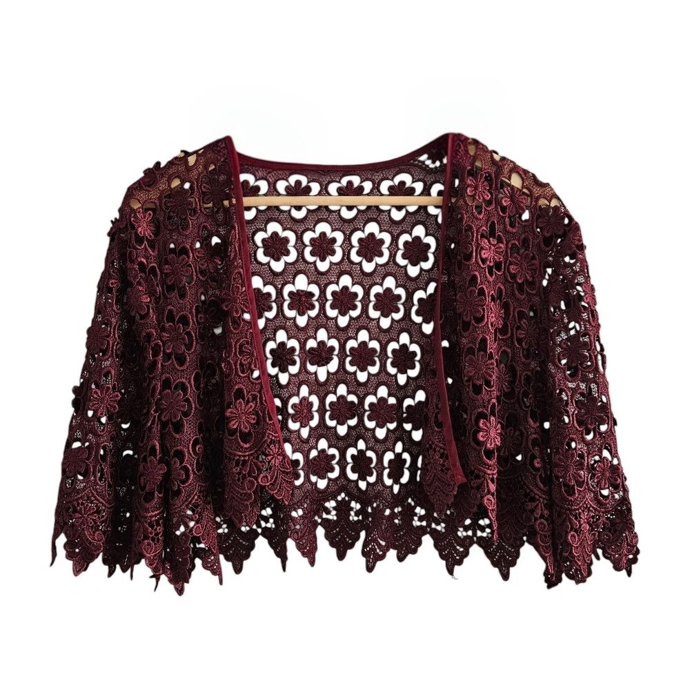 Vintage Crochet Cropped Cardigan Burgundy XXL Open Knit Fairy Grunge